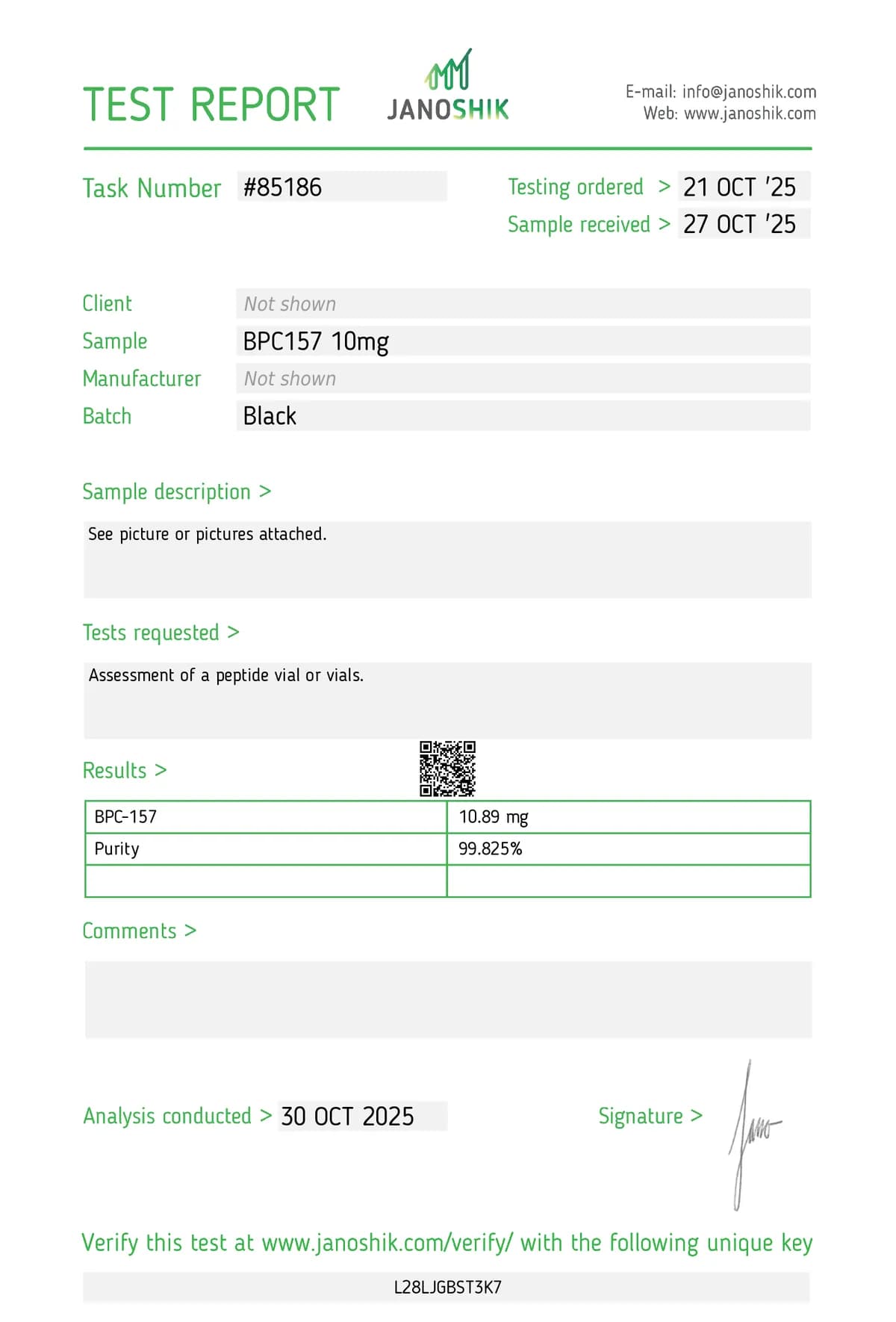A real third-party lab report from Janoshik Analytical for a BPC-157 10 mg sample, task number 85186, showing 10.89 mg measured and 99.825% purity, analysis conducted 30 October 2025. The client and manufacturer fields read "Not shown".