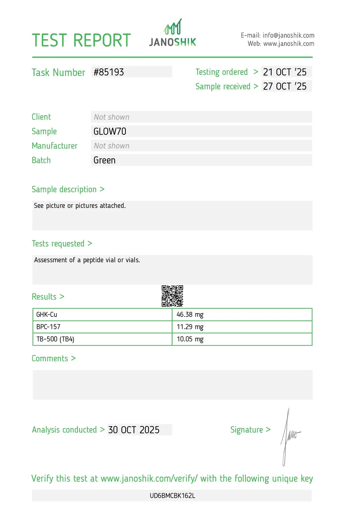 Janoshik lab report #85193 for GHK-Cu + BPC-157 + TB-500 Blend (70 mg)