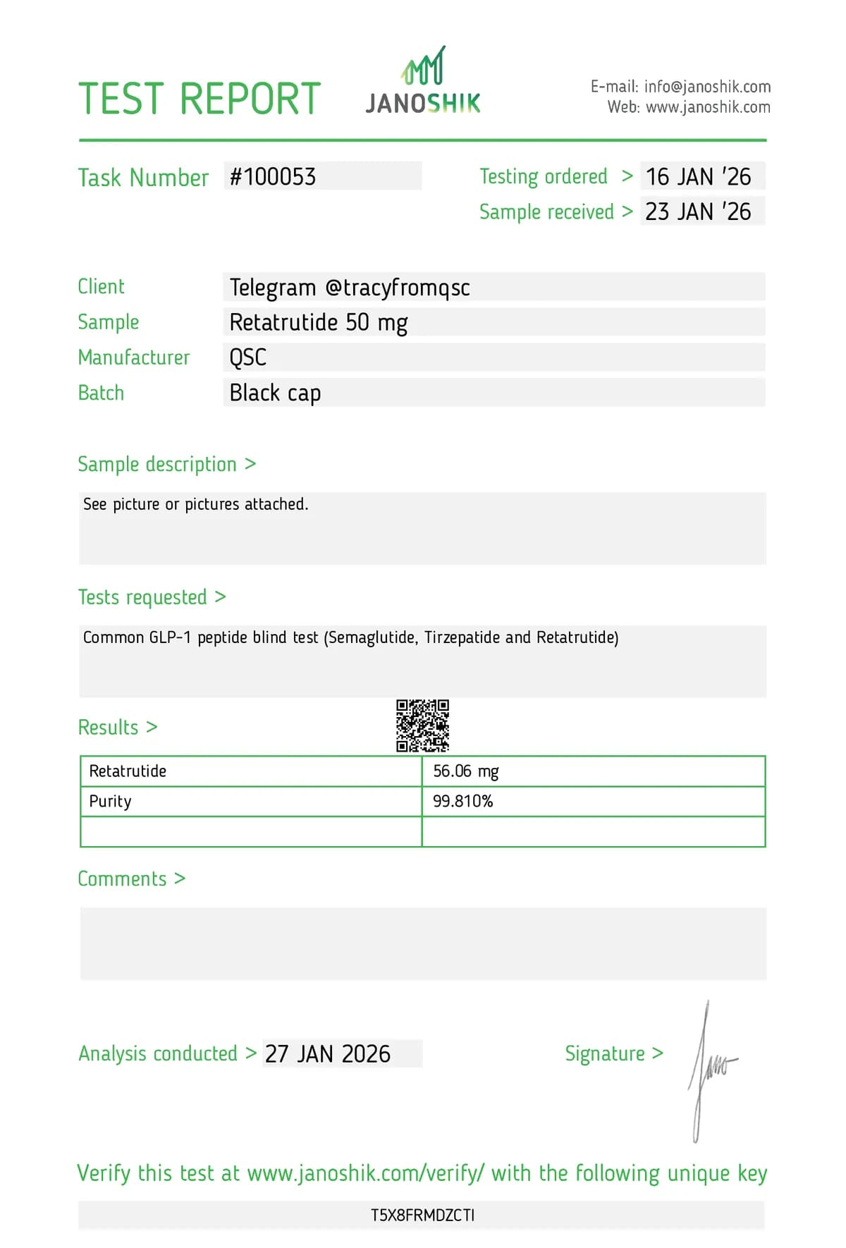 Janoshik lab report #100053 for Retatrutide