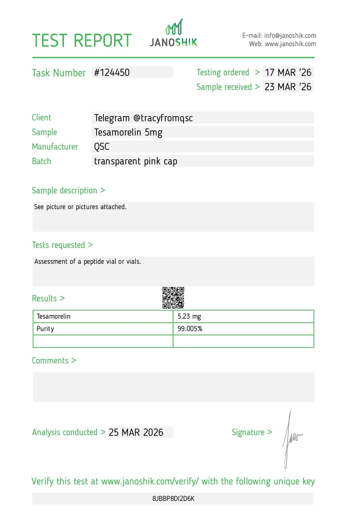 Janoshik lab report #124450 for Tesamorelin