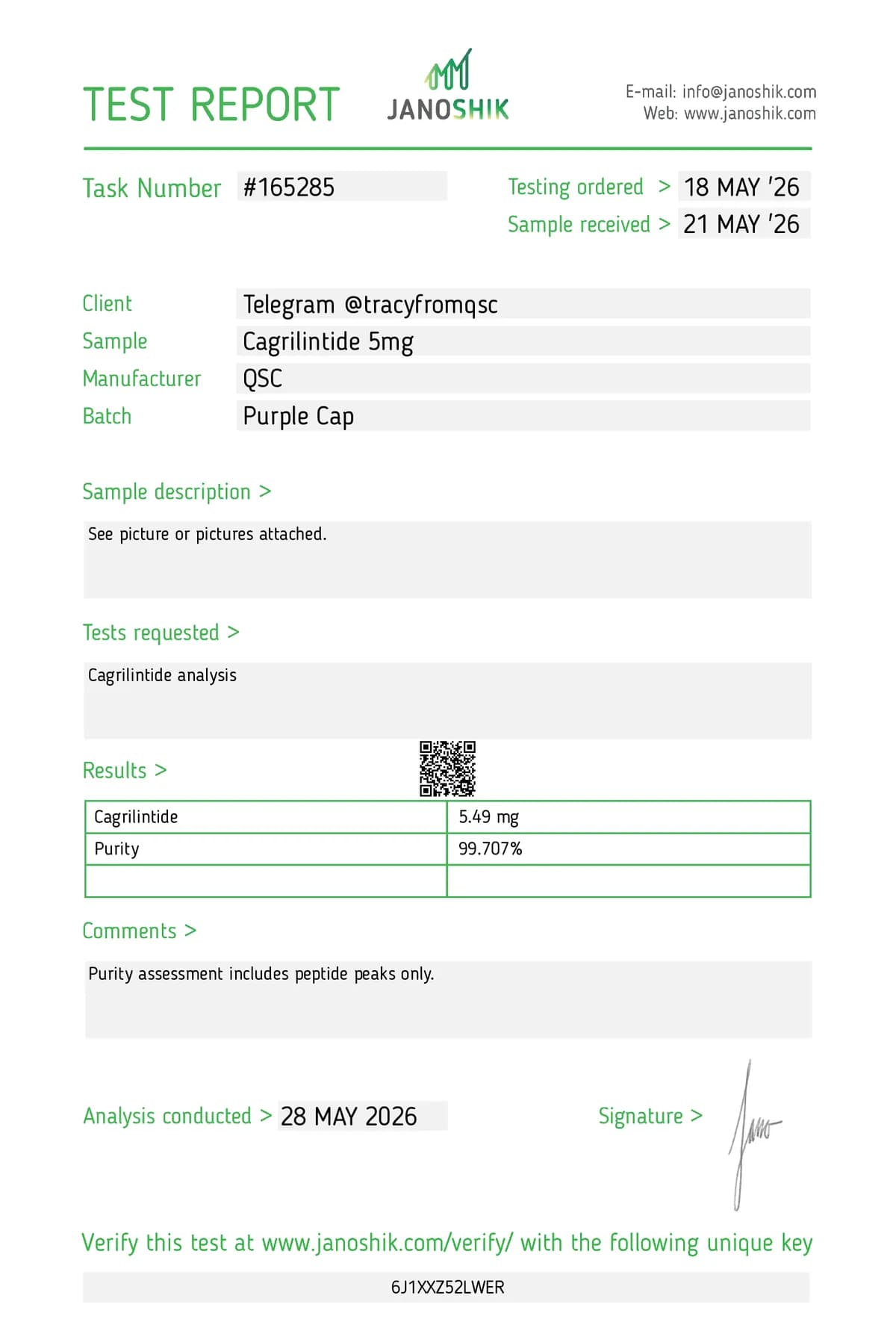 Janoshik lab report #165285 for Cagrilintide