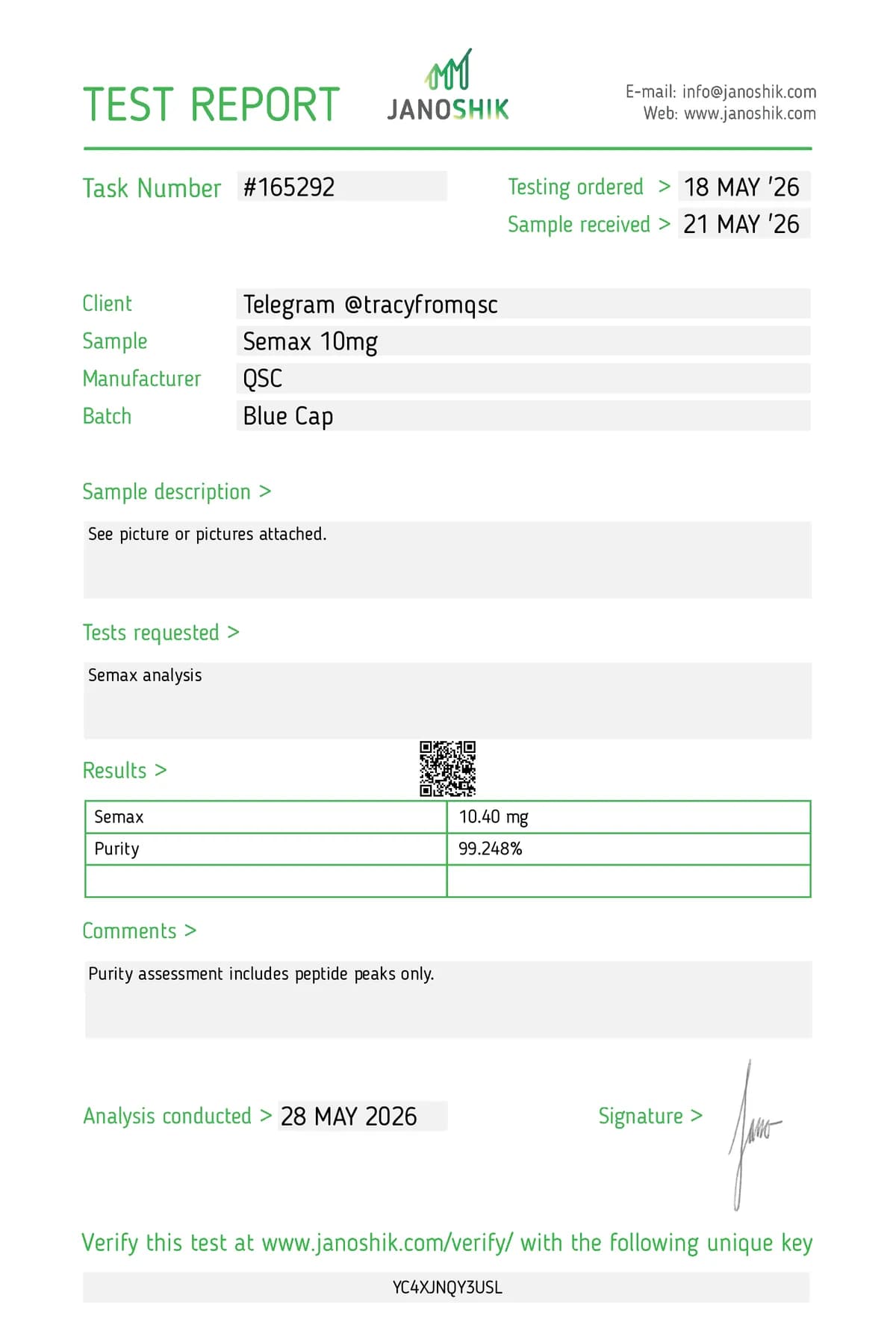 Janoshik lab report #165292 for Semax