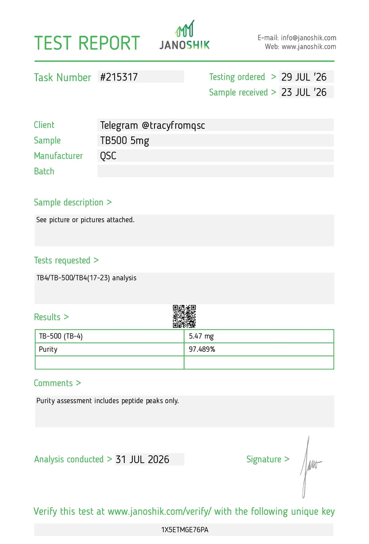 Janoshik lab report #215317 for TB-500