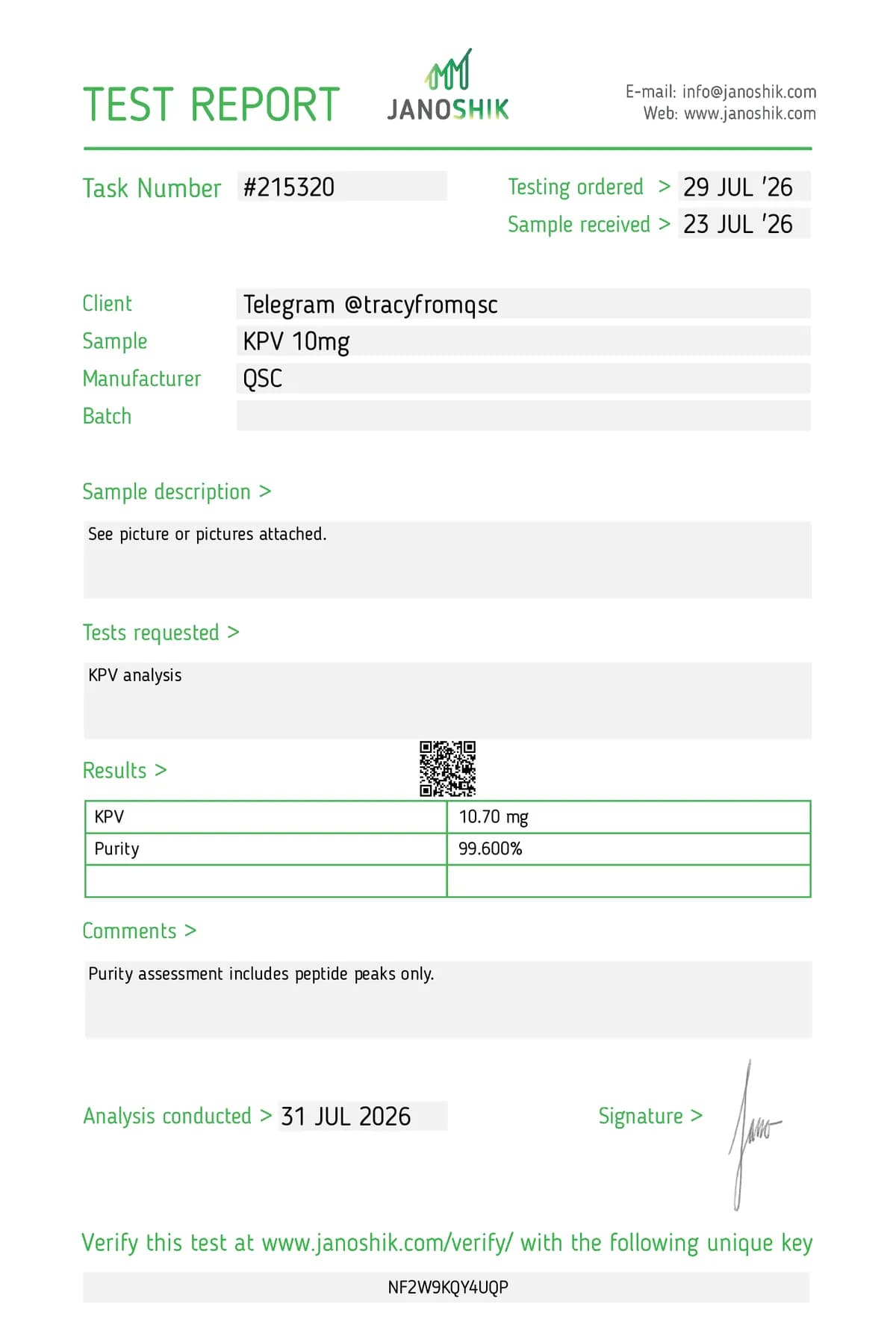 Janoshik lab report #215320 for KPV