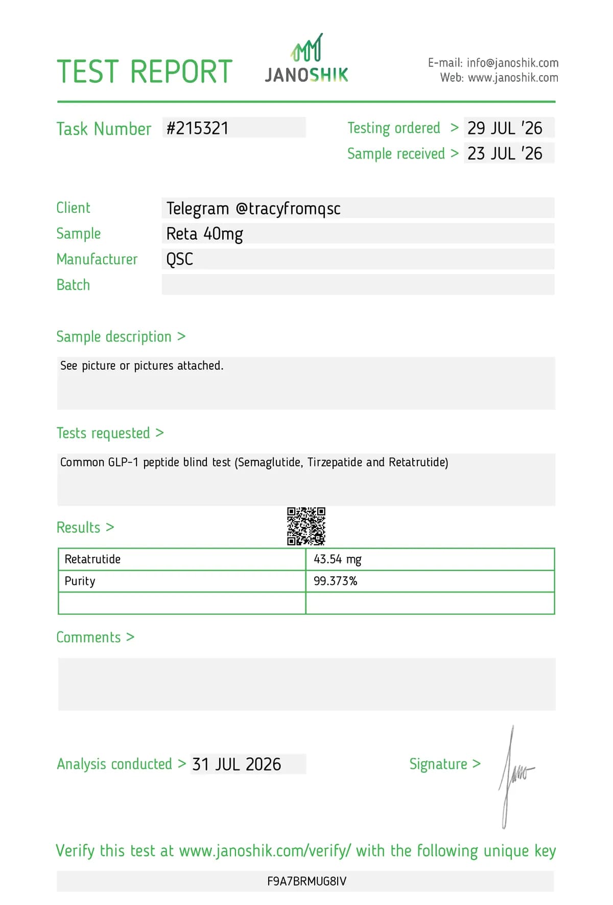 Janoshik lab report #215321 for Retatrutide