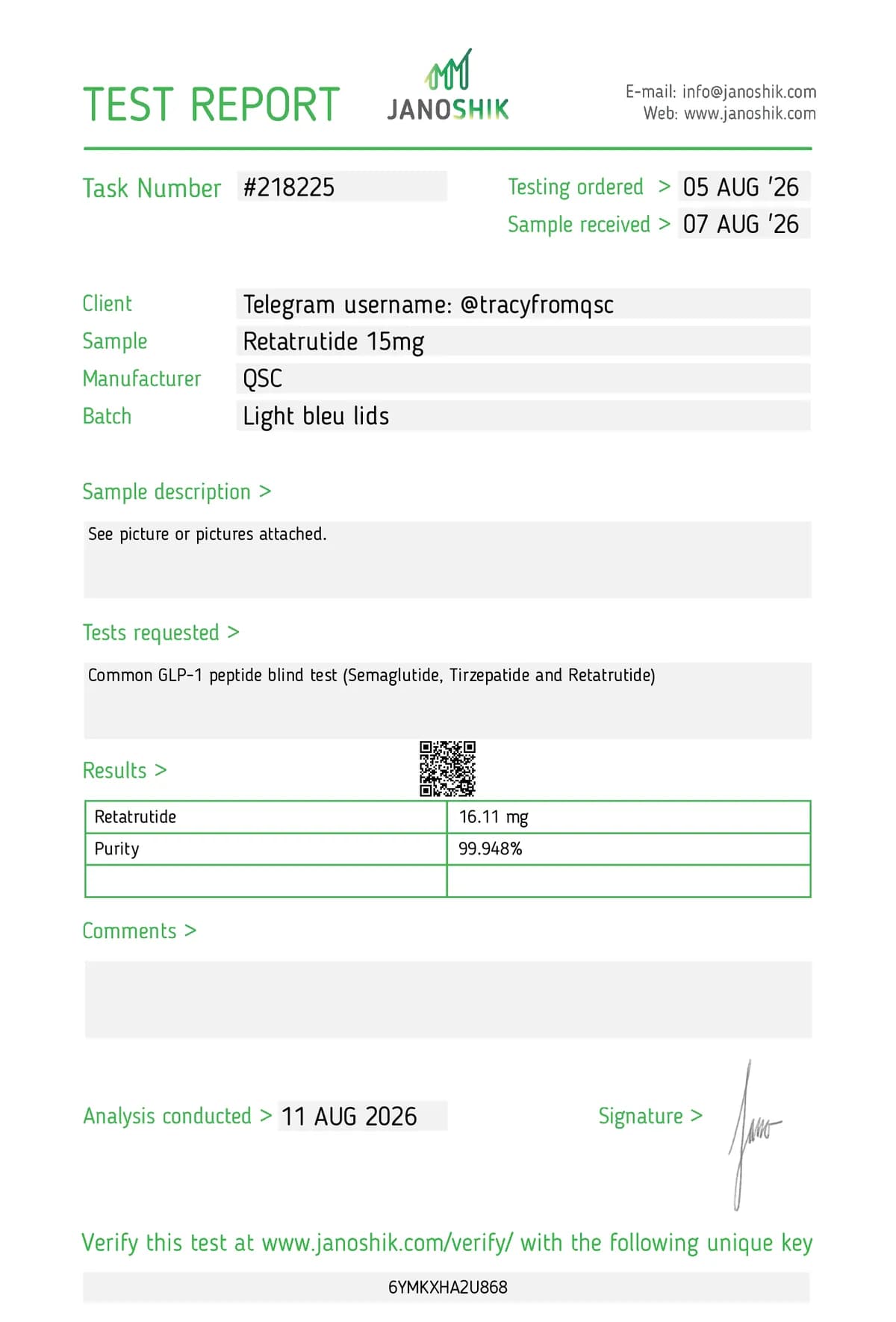 Janoshik lab report #218225 for Retatrutide