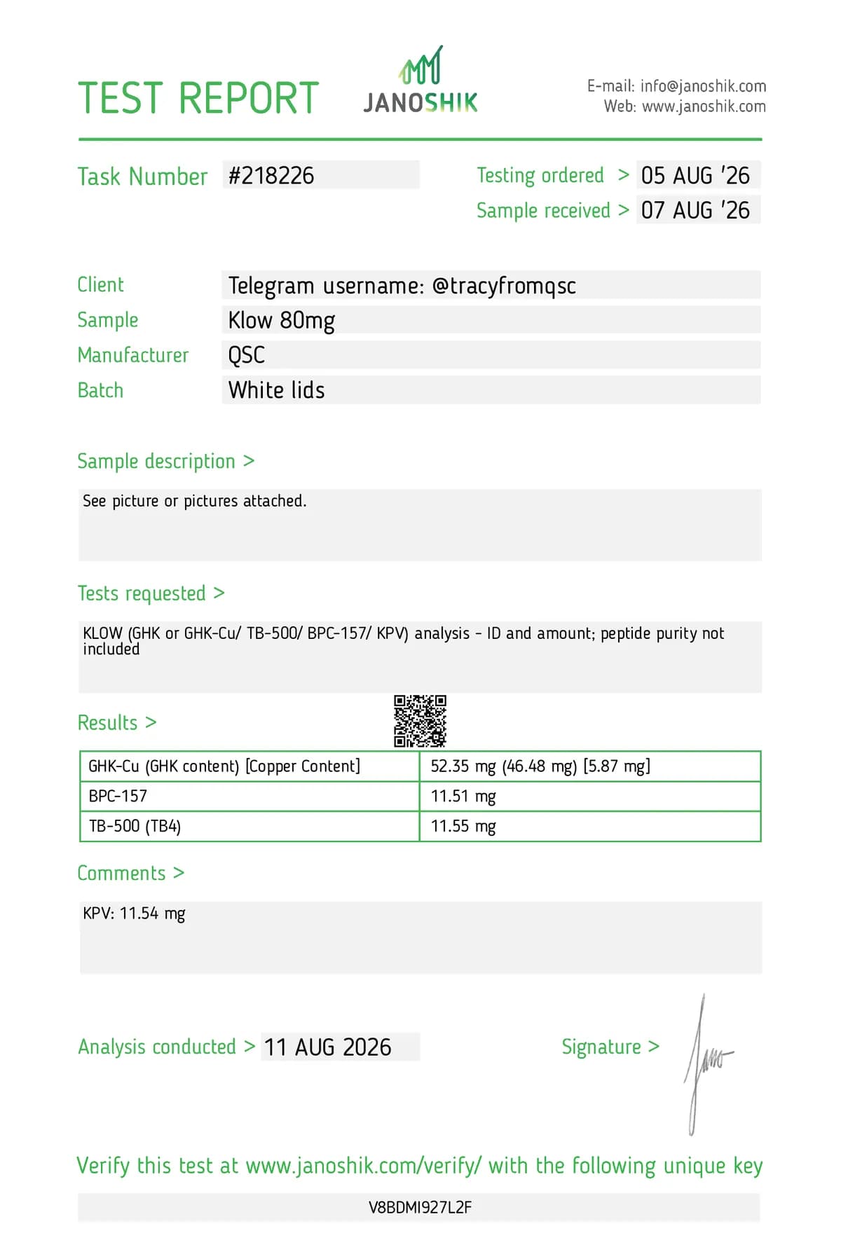 Janoshik lab report #218226 for GHK-Cu + BPC-157 + TB-500 + KPV Blend (80 mg)