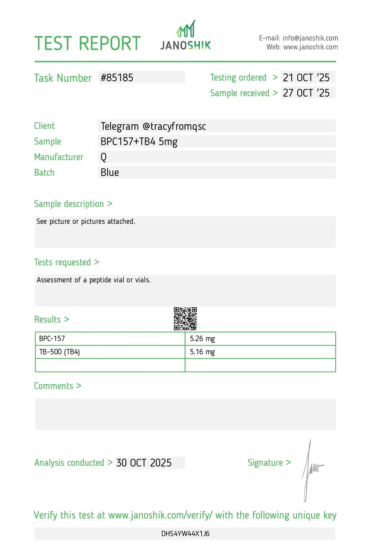 Janoshik lab report #85185 for BPC-157 + TB-500 Blend (10 mg)