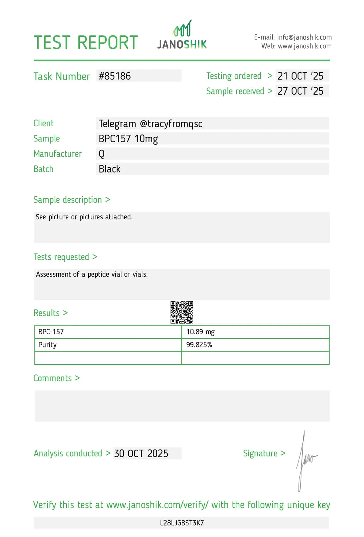 Janoshik lab report #85186 for BPC-157