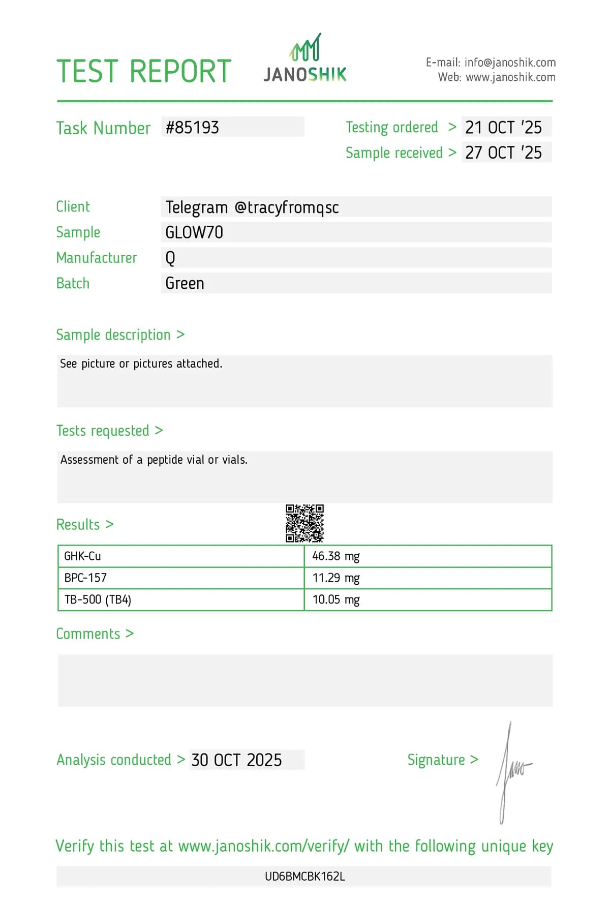 Janoshik lab report #85193 for GHK-Cu + BPC-157 + TB-500 Blend (70 mg)