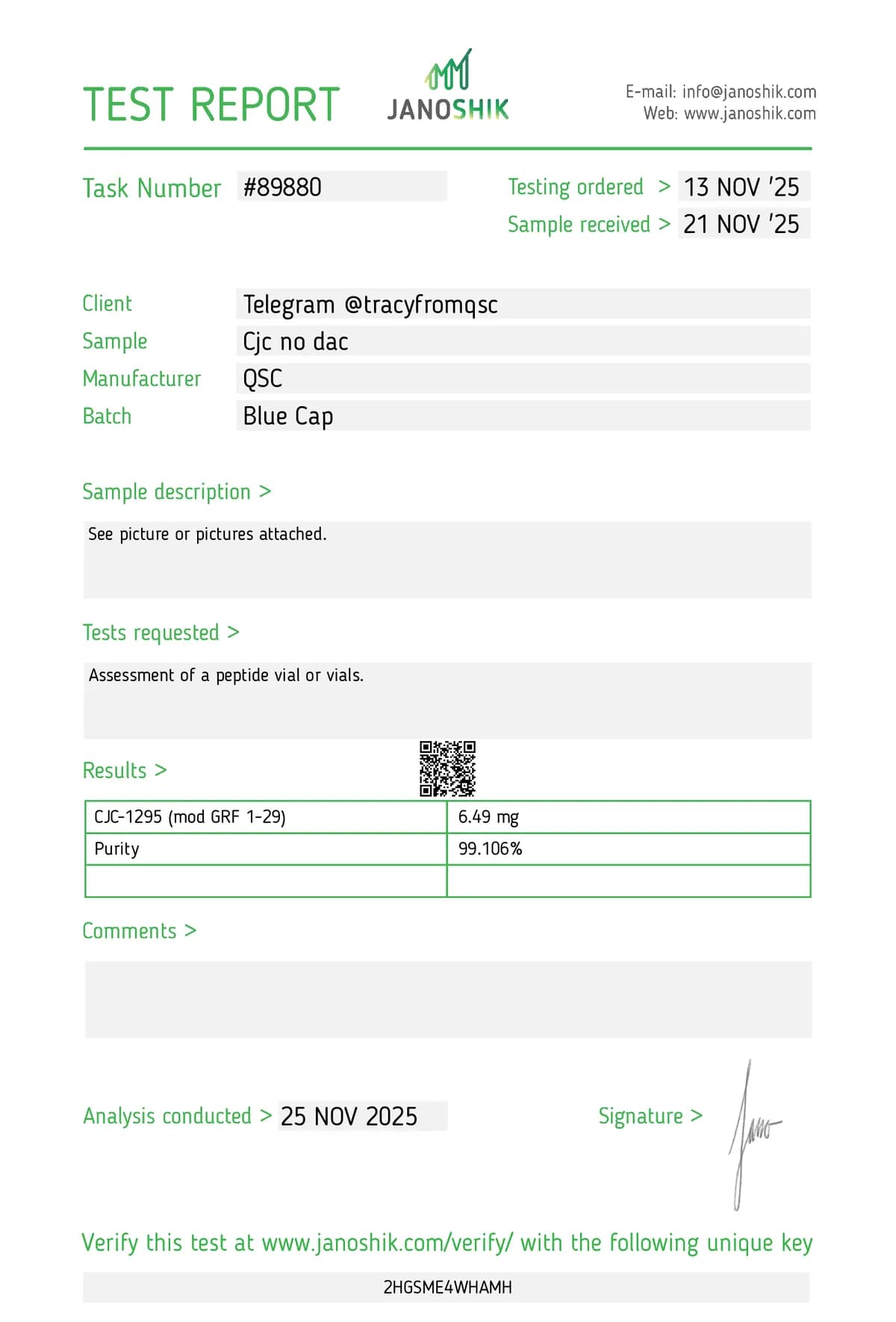 Janoshik lab report #89880 for CJC-1295 (no DAC)