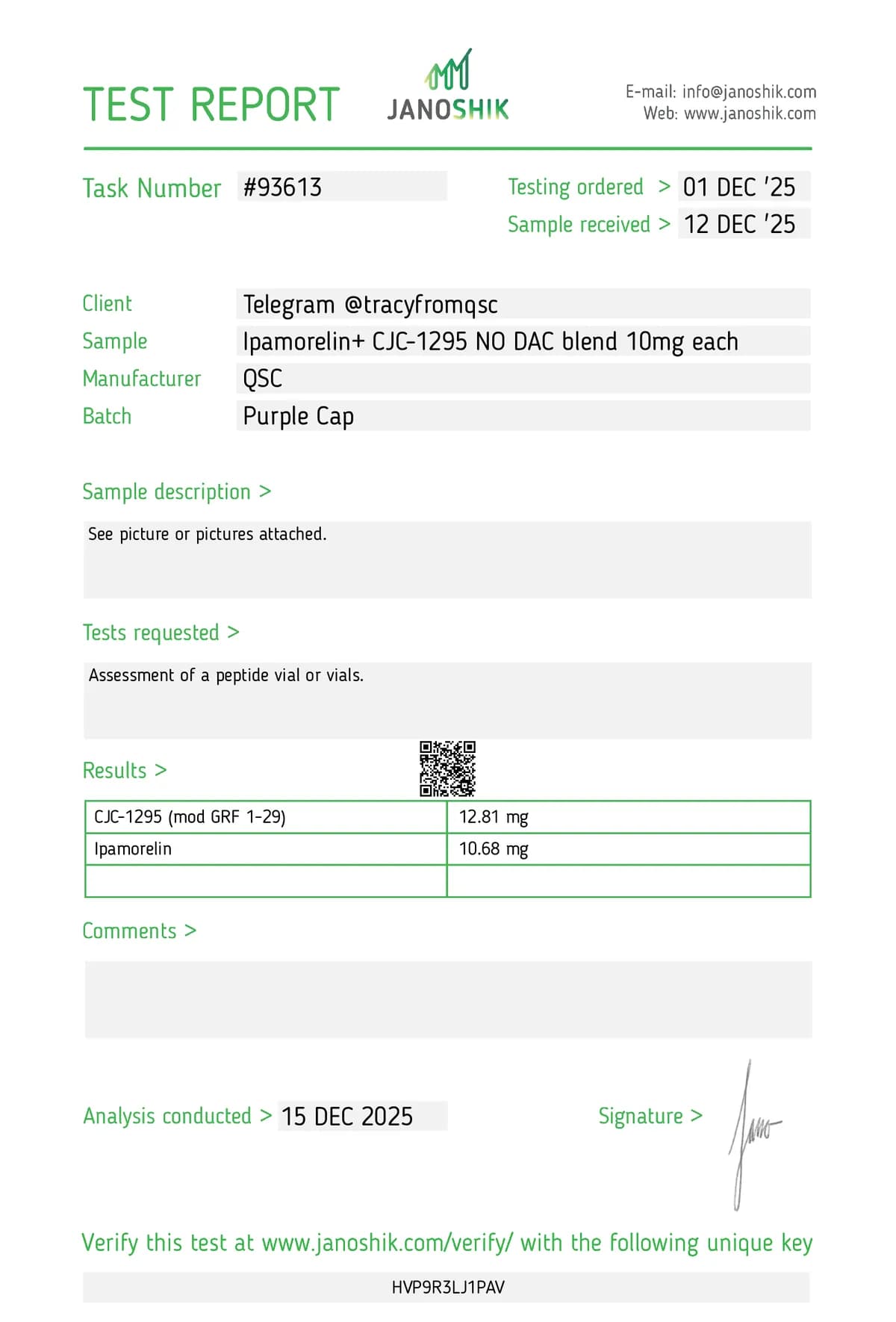 Janoshik lab report #93613 for CJC-1295 (no DAC) + Ipamorelin