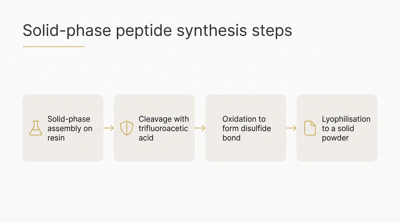 A flowchart showing the progression from solid-phase assembly to cleavage, oxidation, and finally lyophilisation.