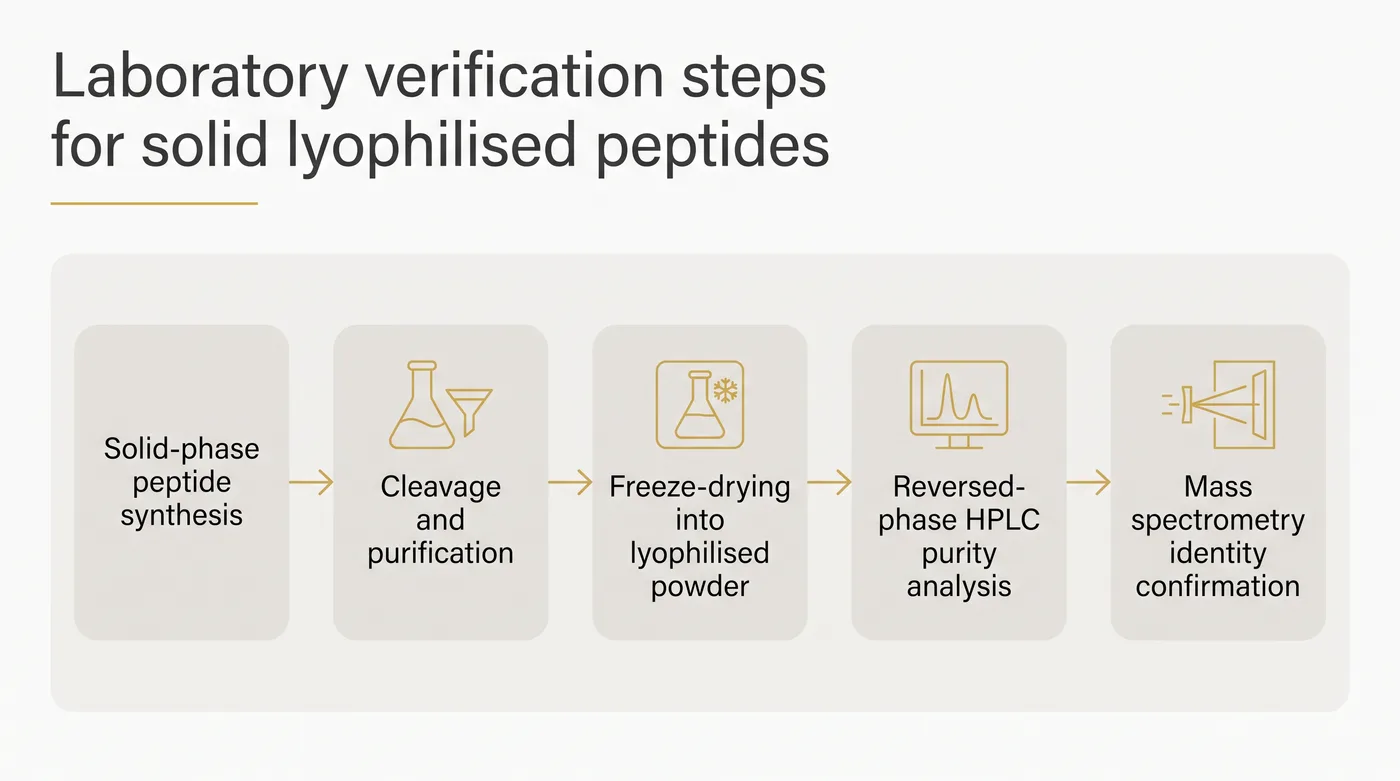 A flowchart detailing the steps of solid-phase synthesis, cleavage, freeze-drying, HPLC analysis and mass spectrometry for synthetic peptides.