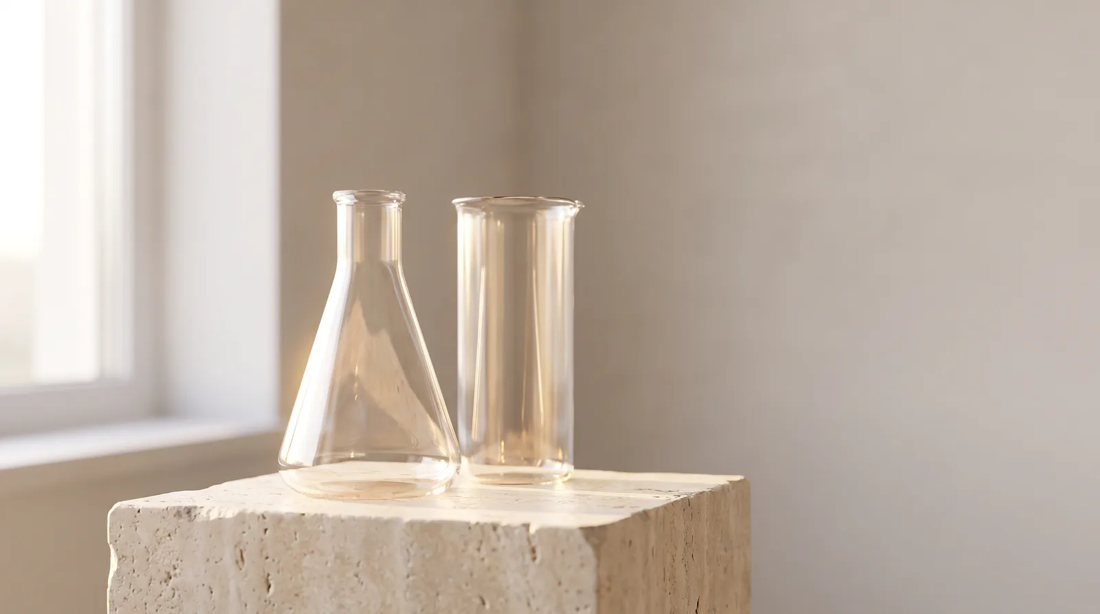 Laboratory glassware on pale stone in soft morning light