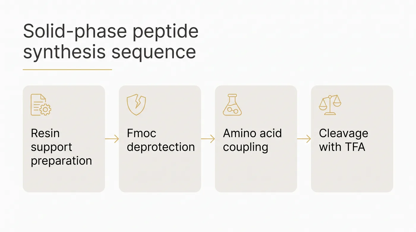 A flowchart showing the four main steps of solid-phase peptide synthesis: resin preparation, deprotection, coupling, and final cleavage.