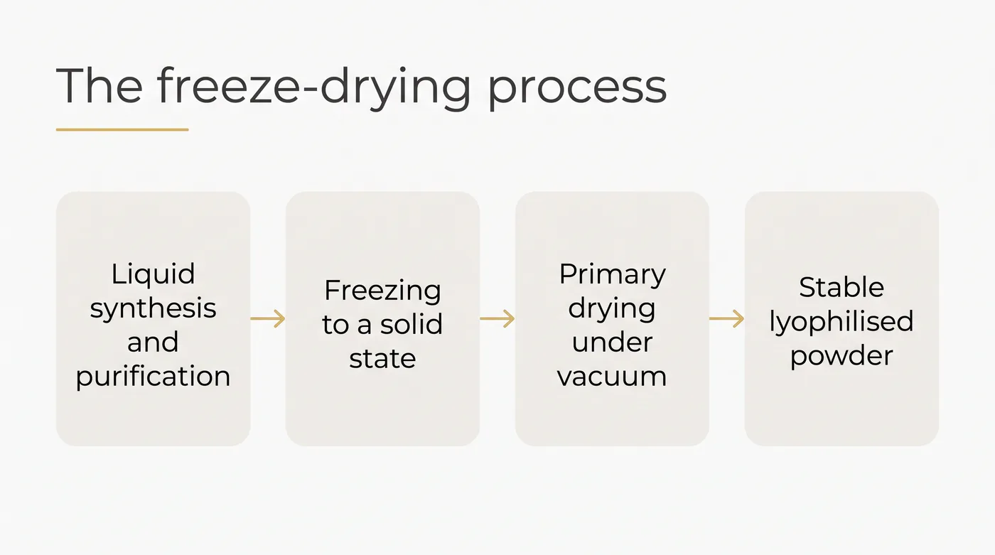 A sequence showing liquid synthesis moving to freezing, vacuum drying and finally a stable powder.