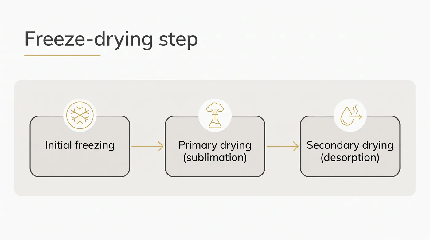 Flowchart outlining the three stages of the freeze-drying step for laboratory peptides.