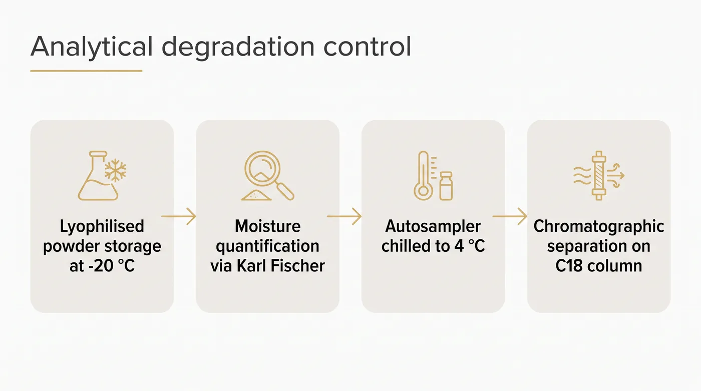 A flowchart detailing four analytical steps from cold storage to separation on a C18 column.