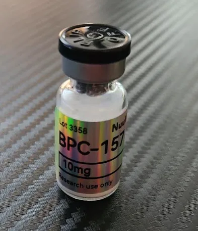 The sealed NuuVive BPC-157 10 mg vial, Lot 3358, photographed before it was shipped to the lab