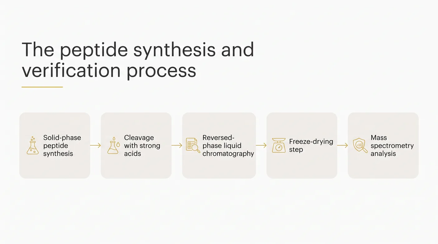 A flowchart showing five sequential steps from synthesis and cleavage to purification, lyophilisation, and final mass spectrometry testing.