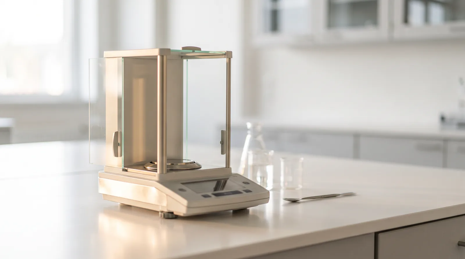 A precision analytical balance on a clean laboratory bench