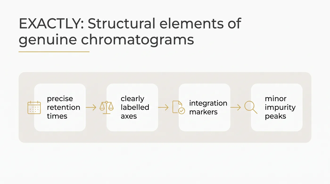 Flowchart showing required structural elements of genuine chromatograms including precise retention times, clearly labelled axes, integration markers, and minor impurity peaks.