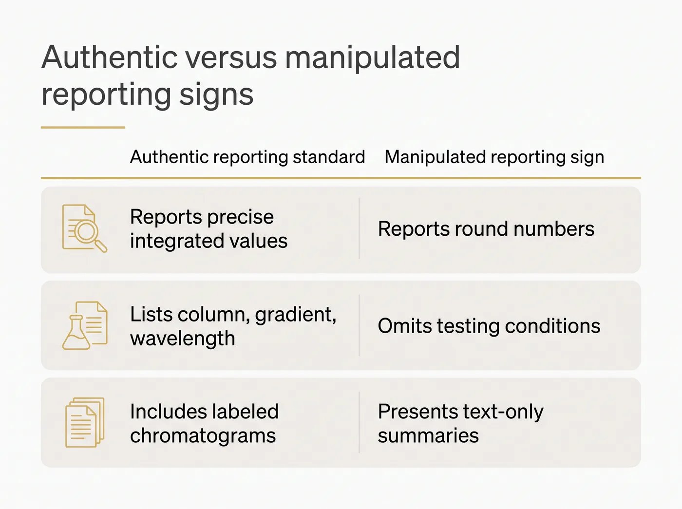 Comparison chart displaying the differences between authentic reporting standards and manipulated reporting signs.