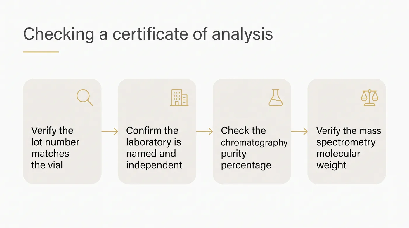 A flowchart showing four steps to check a certificate of analysis, starting with the lot number and ending with mass spectrometry.