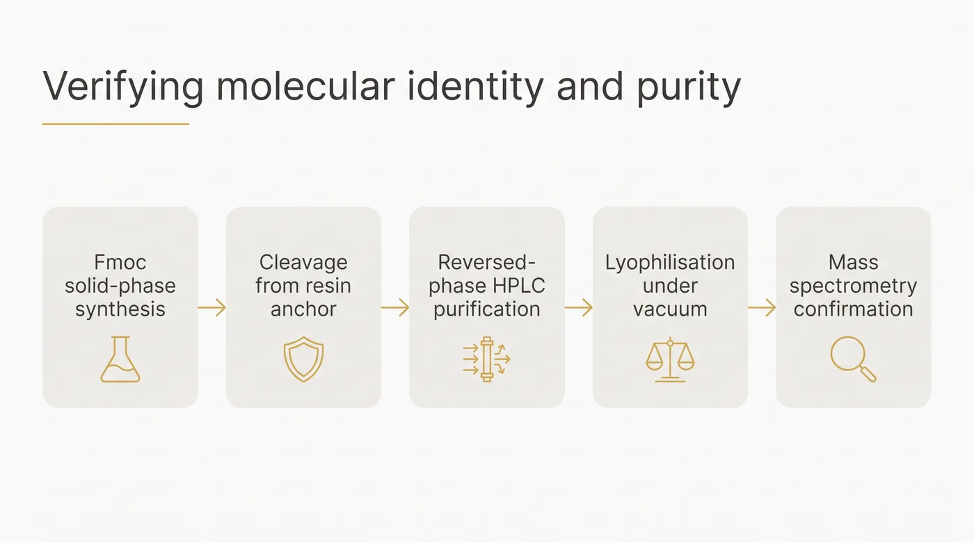 A flowchart outlining the steps from Fmoc synthesis and resin cleavage through HPLC purification, lyophilisation and final mass spectrometry confirmation.