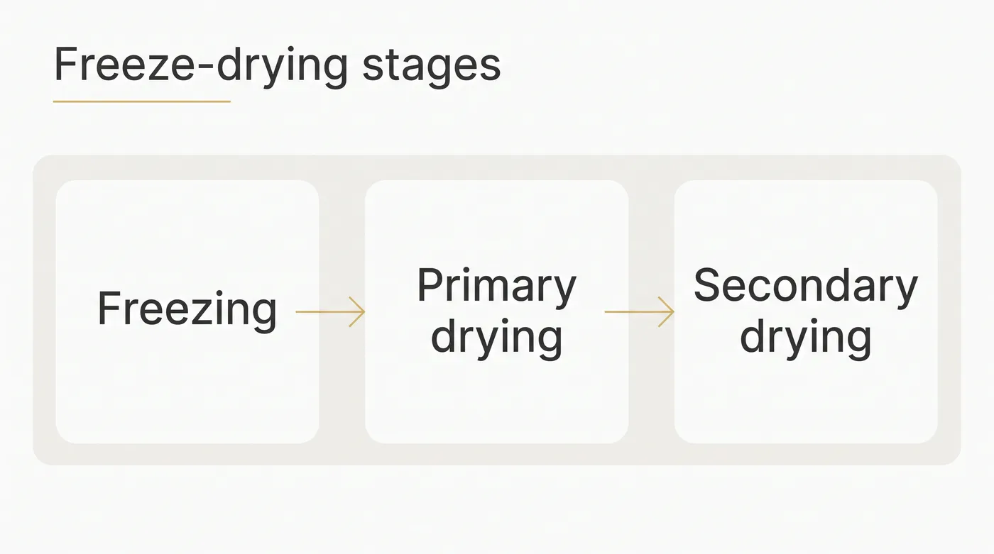 Flowchart showing freezing, primary drying, and secondary drying as the stages of lyophilisation.