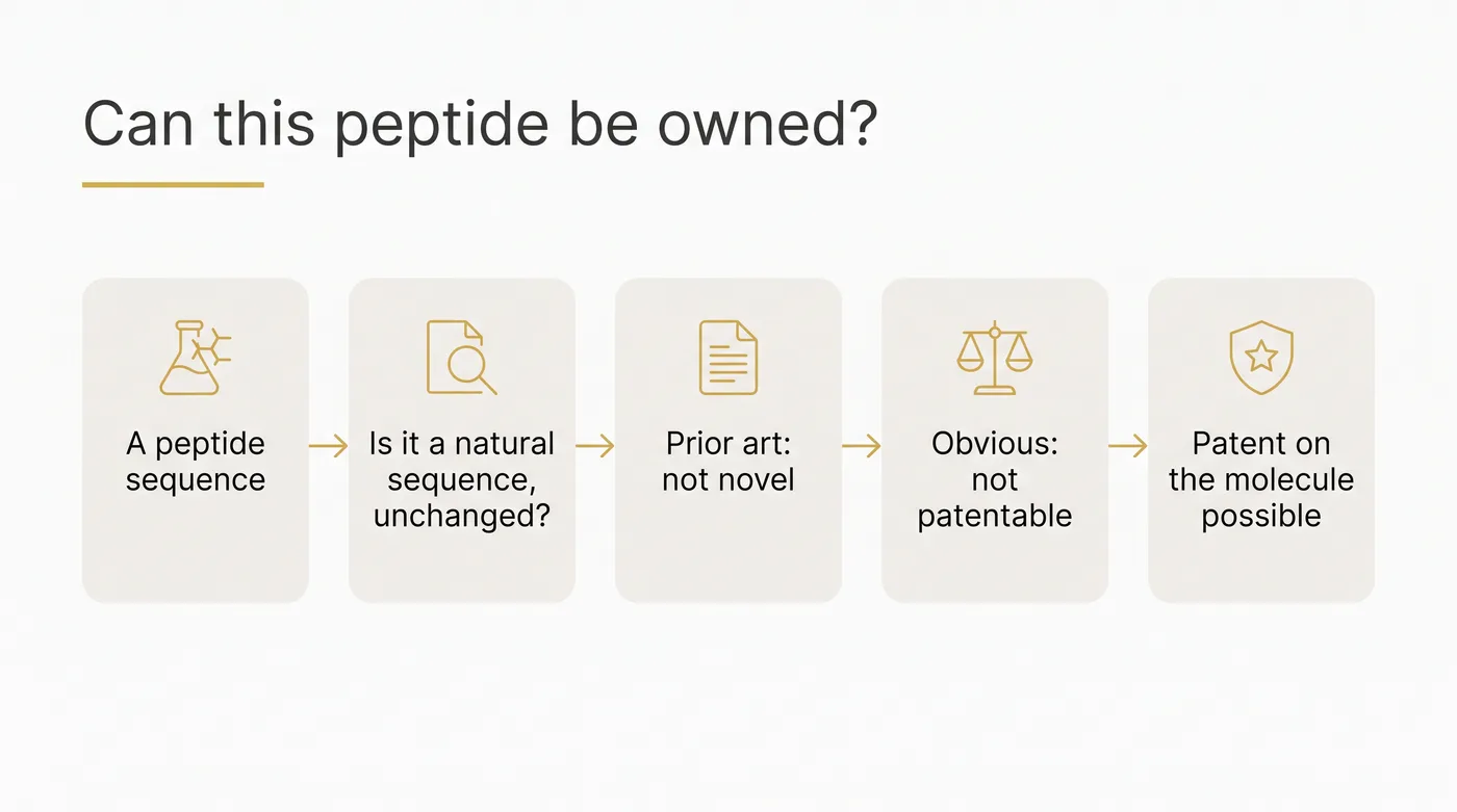 Flowchart: a natural unchanged sequence is a product of nature, a published sequence is prior art, an obvious change is not patentable, and only a new non-obvious molecule can receive a 20-year patent; the others fall back to narrow patents or 5 to 7 years of FDA exclusivity.