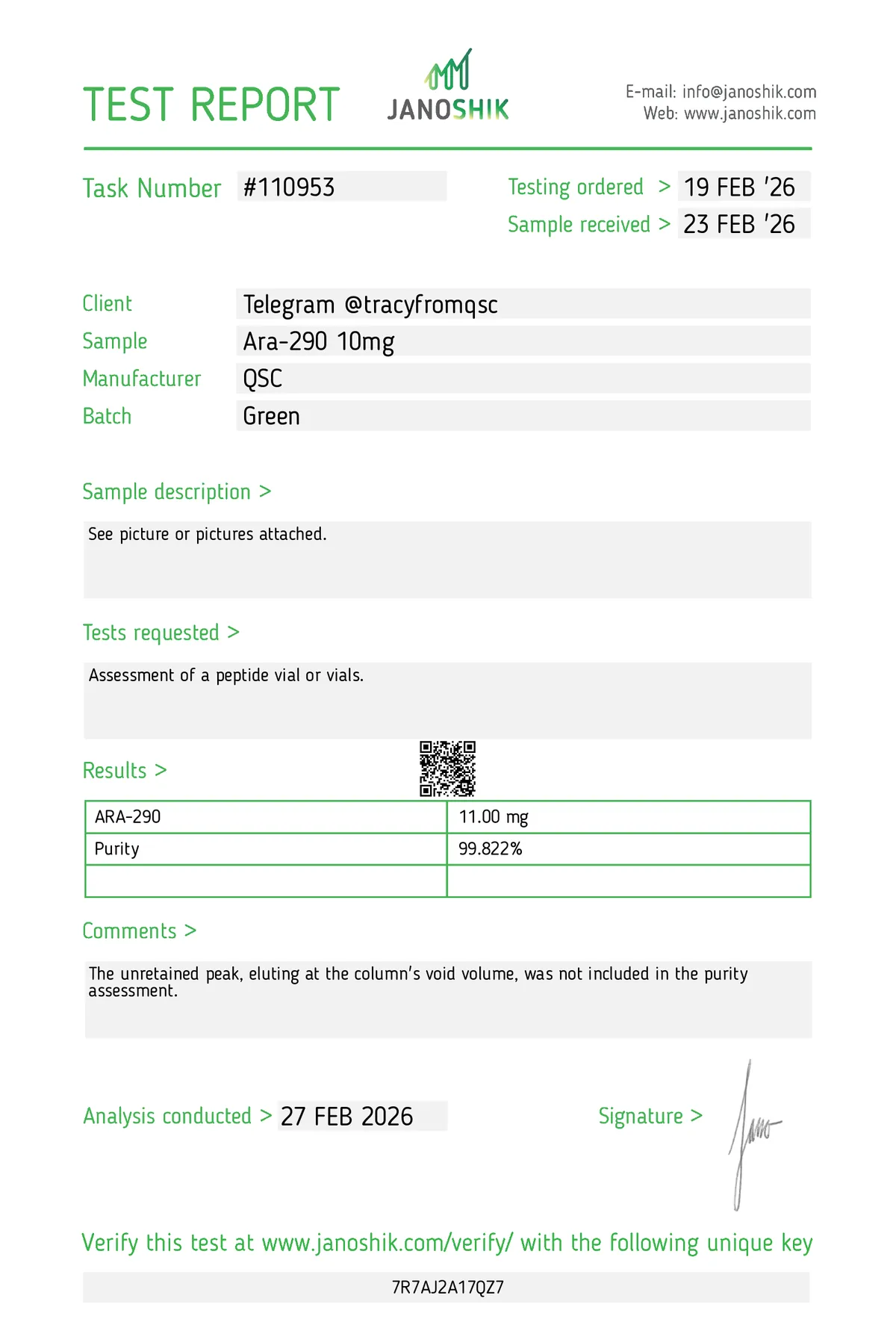 Janoshik lab report #110953 for ARA-290