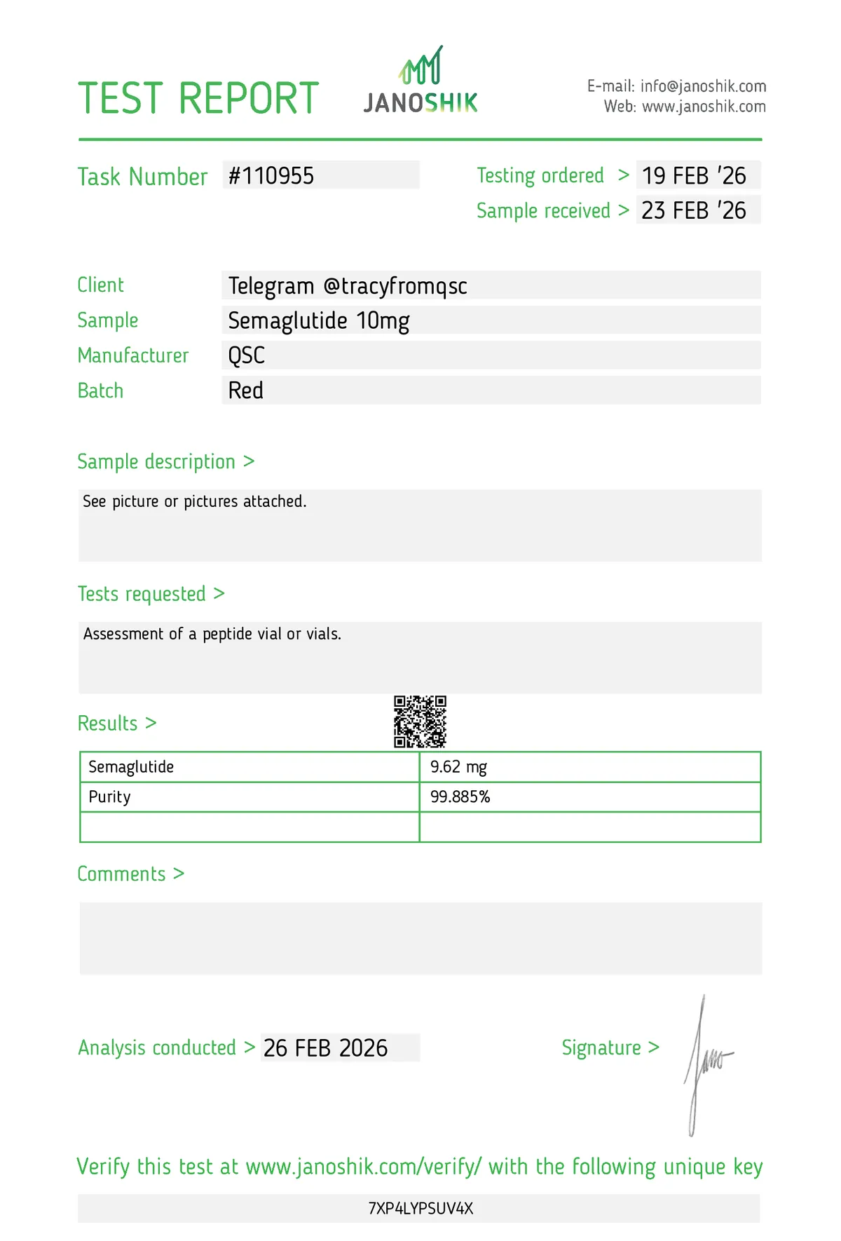 Janoshik lab report #110955 for Semaglutide
