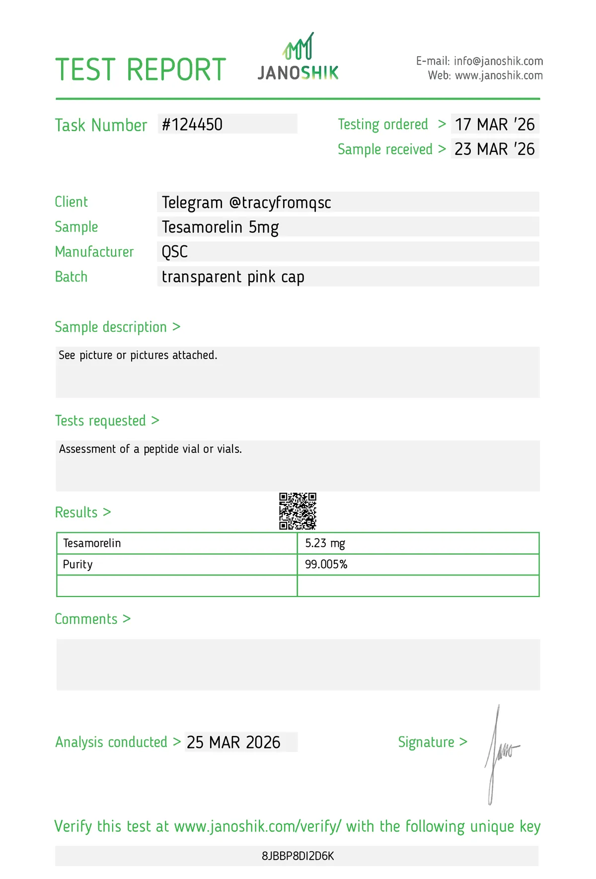 Janoshik lab report #124450 for Tesamorelin
