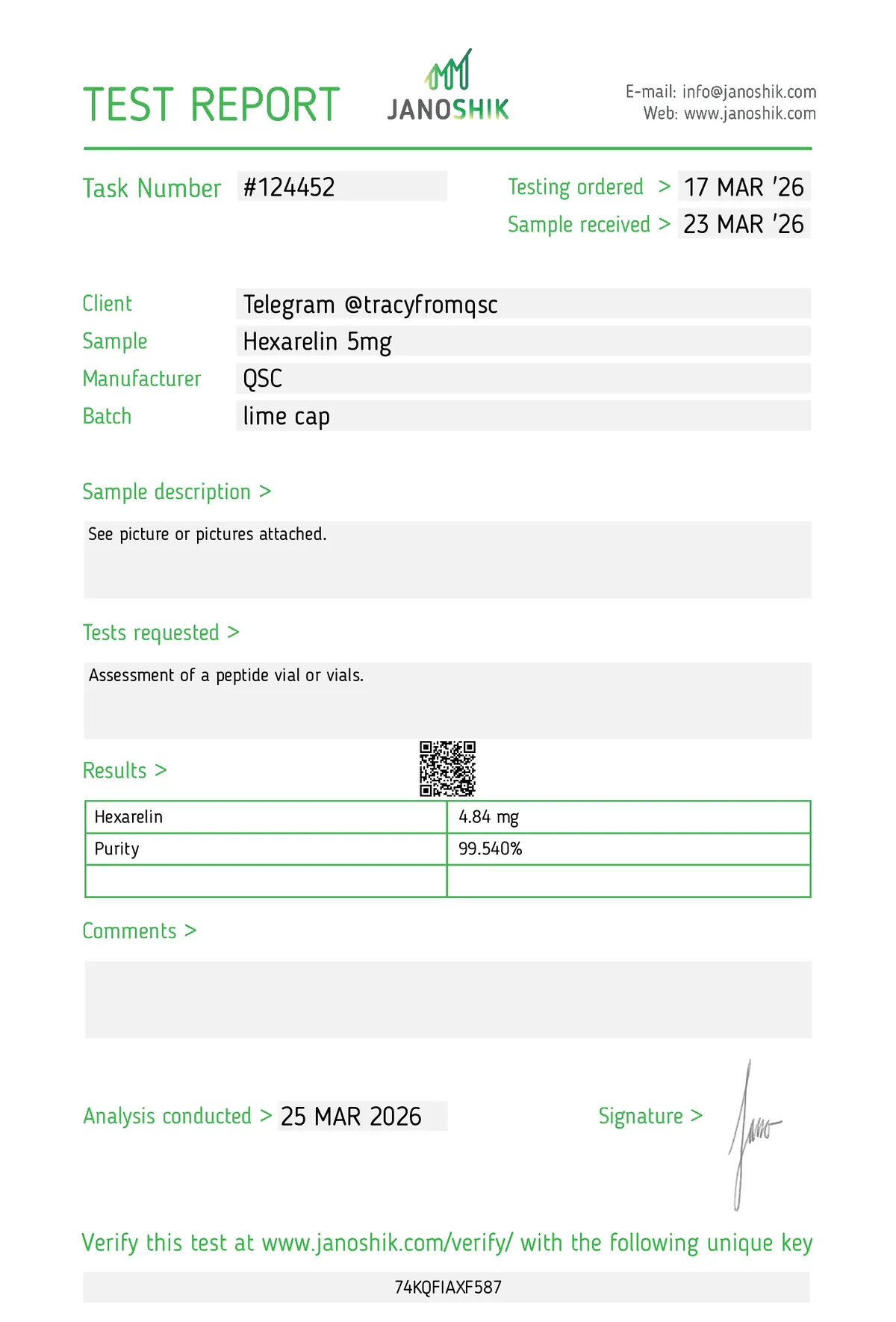 Janoshik lab report #124452 for Hexarelin