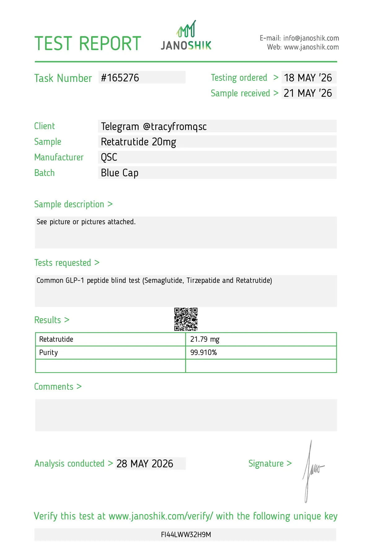 Janoshik lab report #165276 for Retatrutide