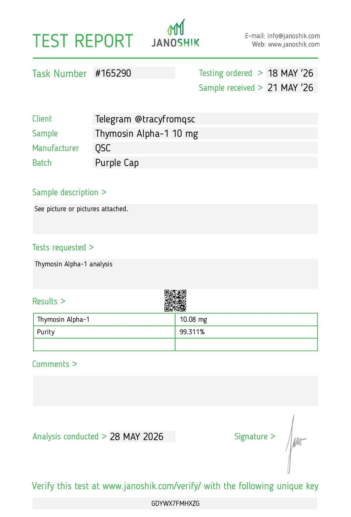Janoshik lab report #165290 for Thymosin α1