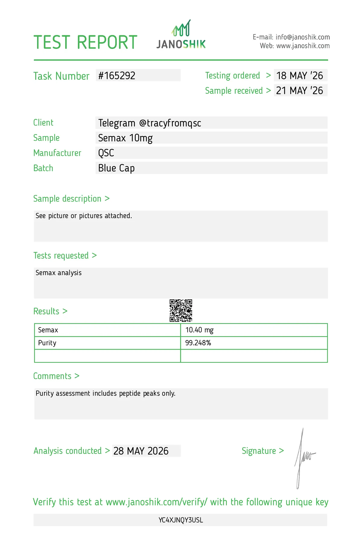 Janoshik lab report #165292 for Semax