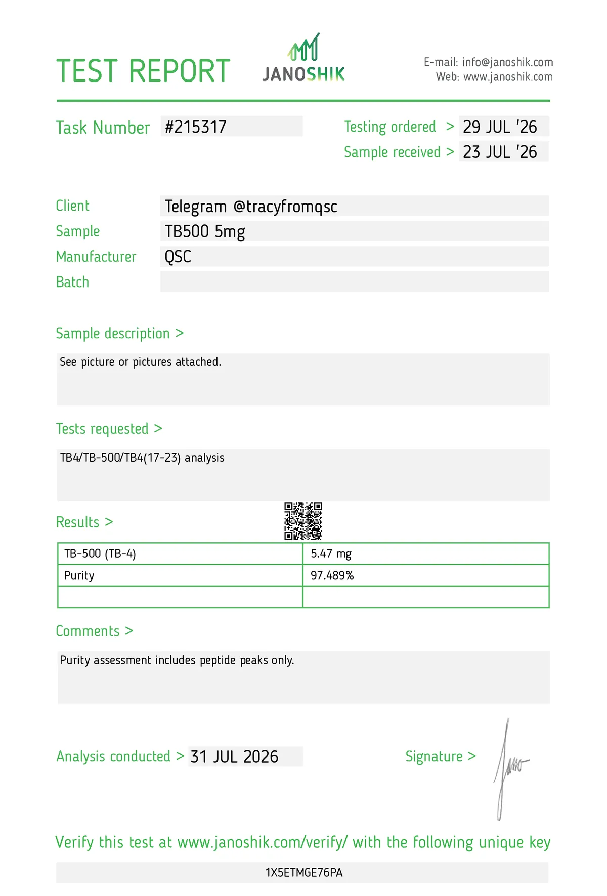 Janoshik lab report #215317 for TB-500