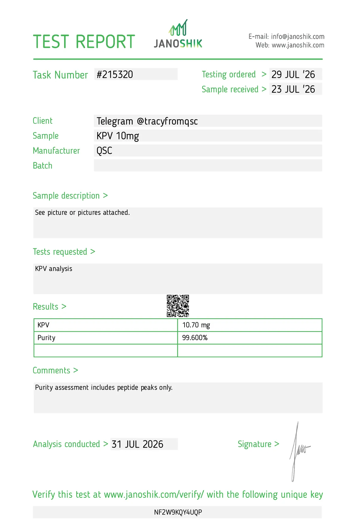 Janoshik lab report #215320 for KPV