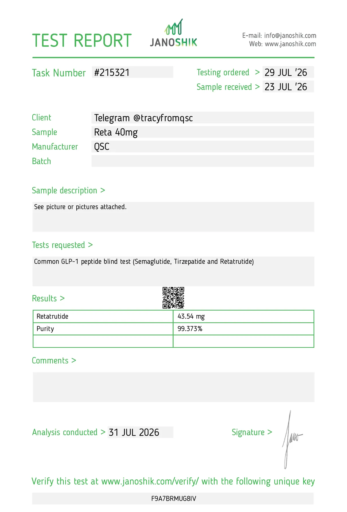 Janoshik lab report #215321 for Retatrutide