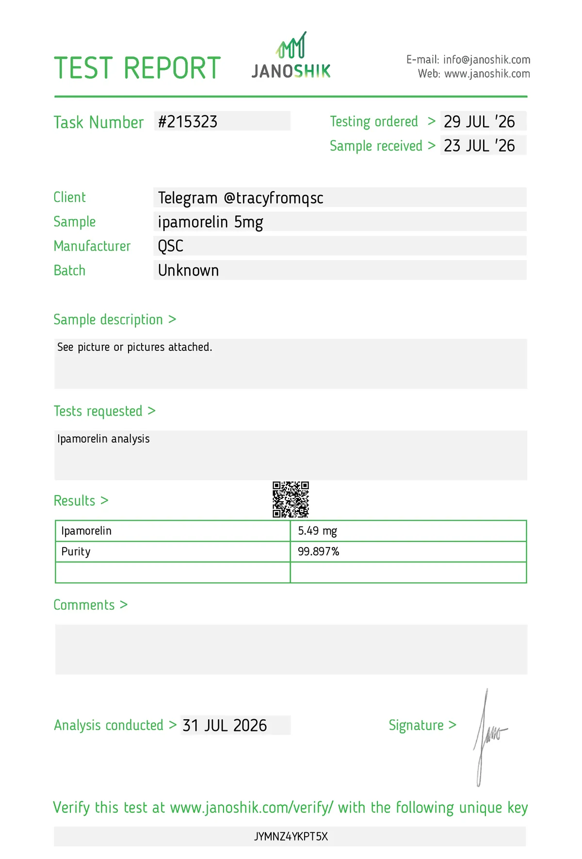Janoshik lab report #215323 for Ipamorelin
