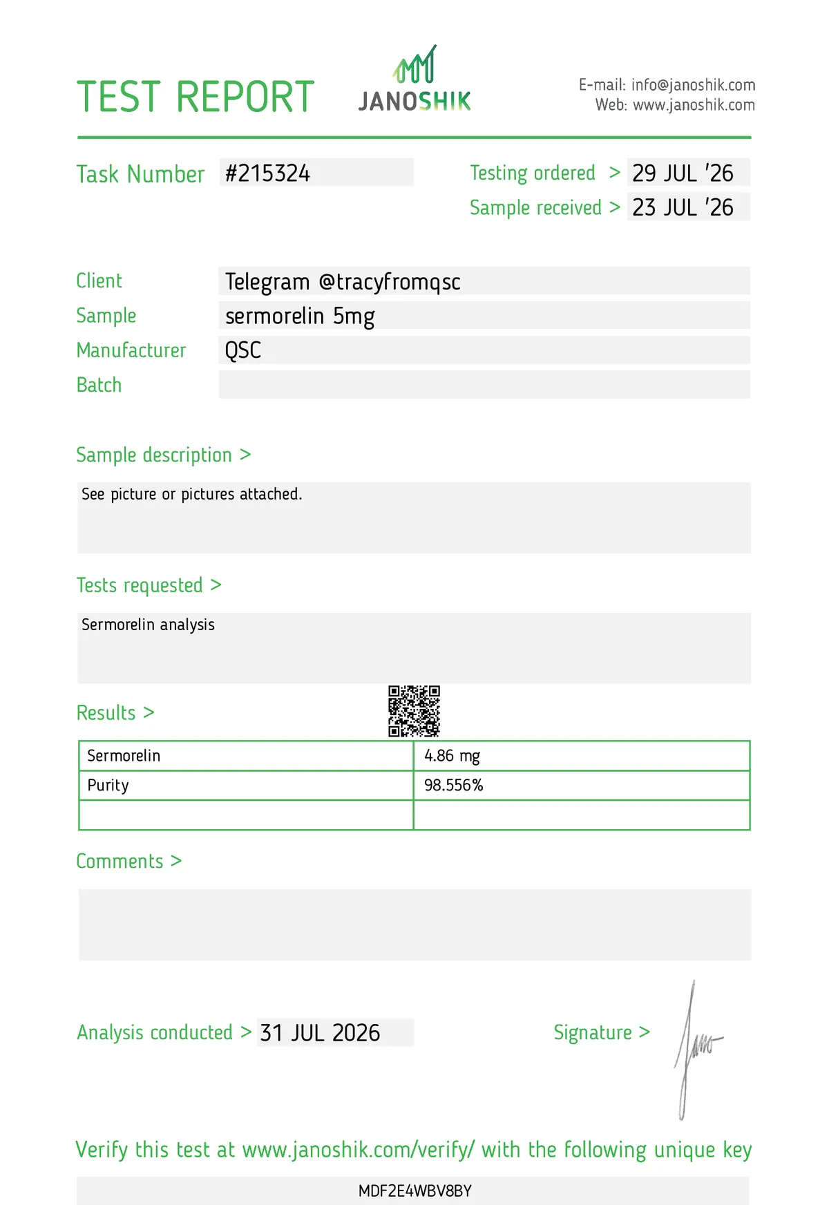 Janoshik lab report #215324 for Sermorelin