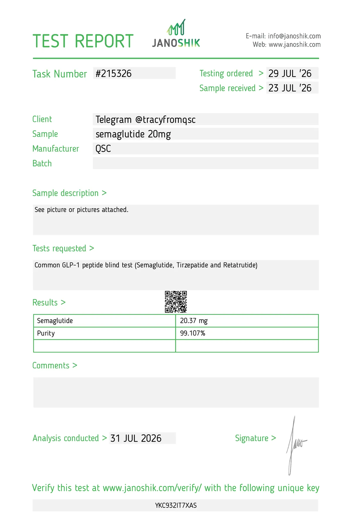 Janoshik lab report #215326 for Semaglutide
