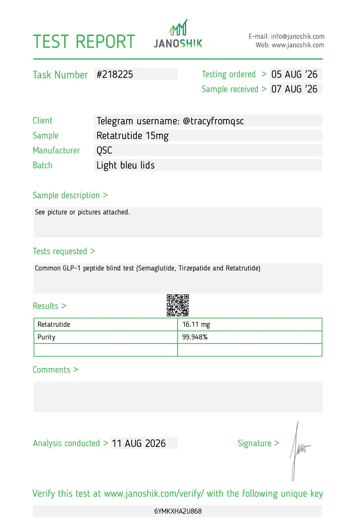 Janoshik lab report #218225 for Retatrutide
