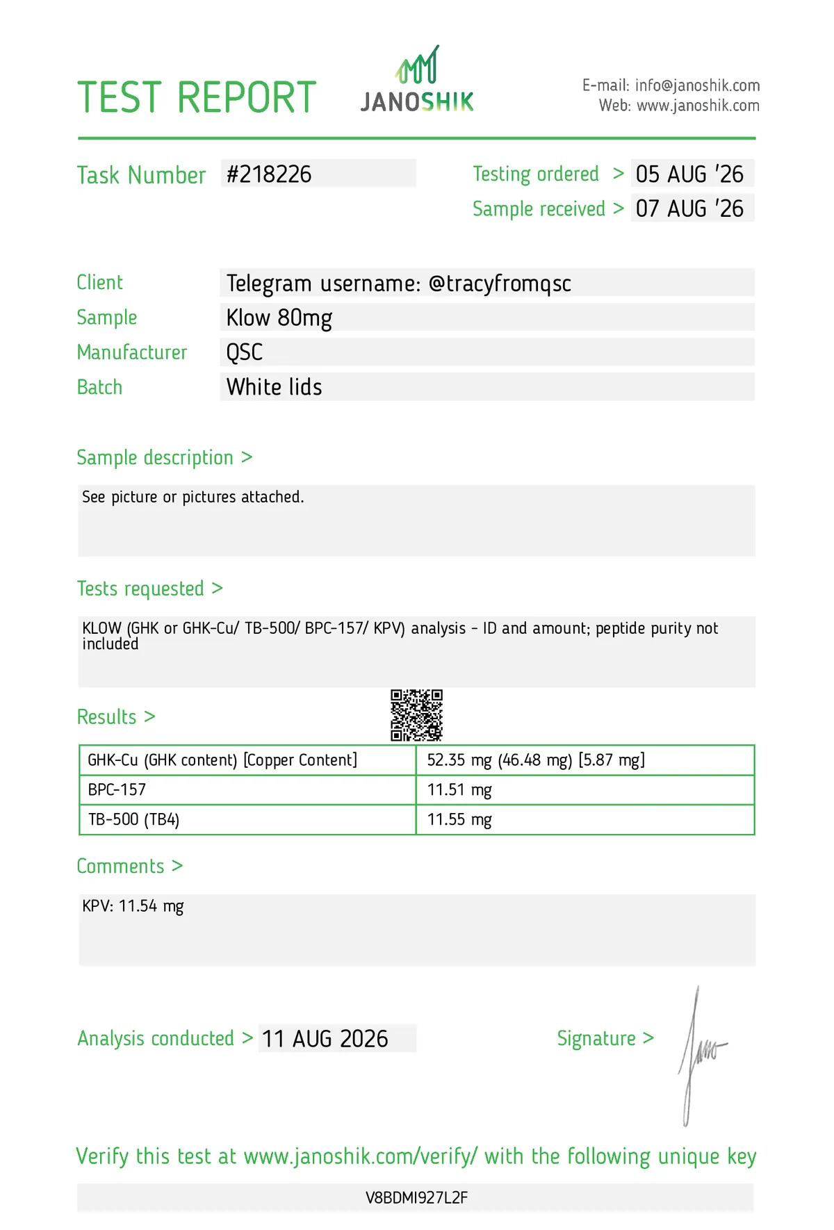 Janoshik lab report #218226 for GHK-Cu + BPC-157 + TB-500 + KPV Blend (80 mg)