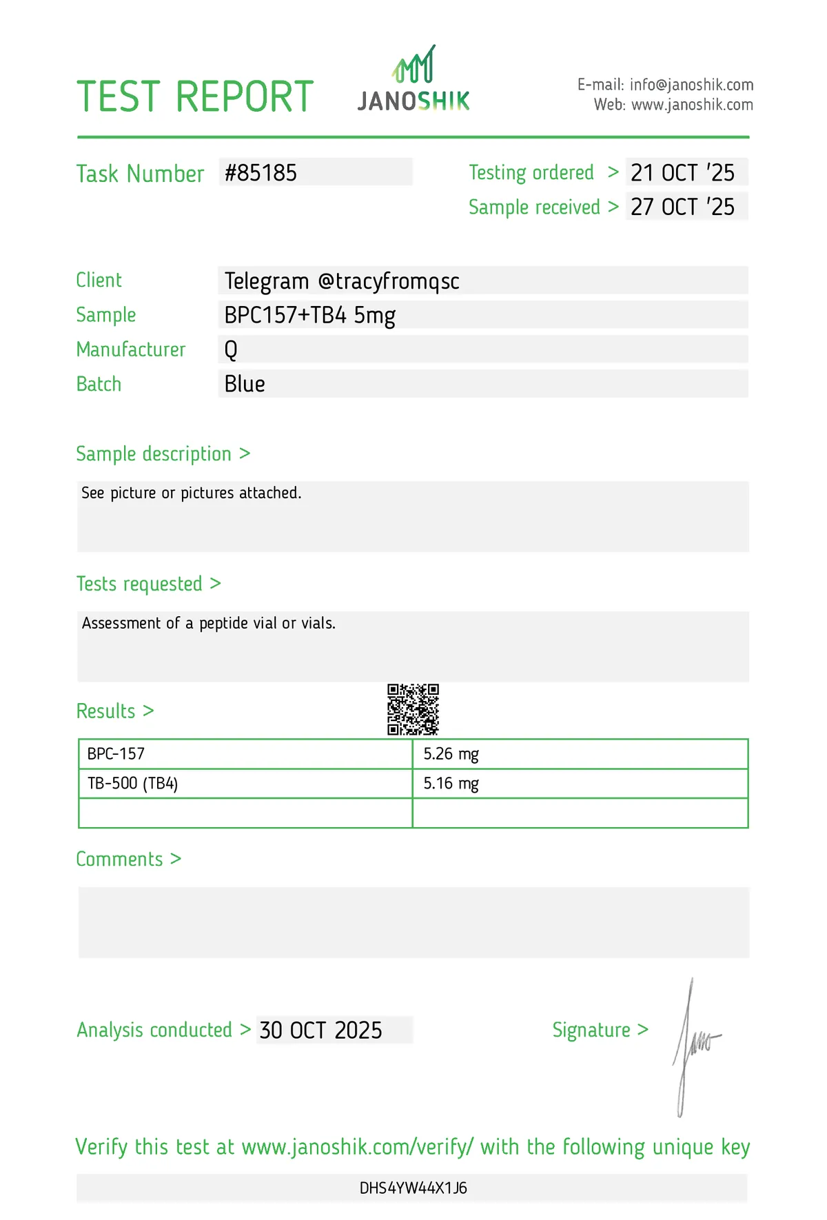 Janoshik lab report #85185 for BPC-157 + TB-500 Blend (10 mg)