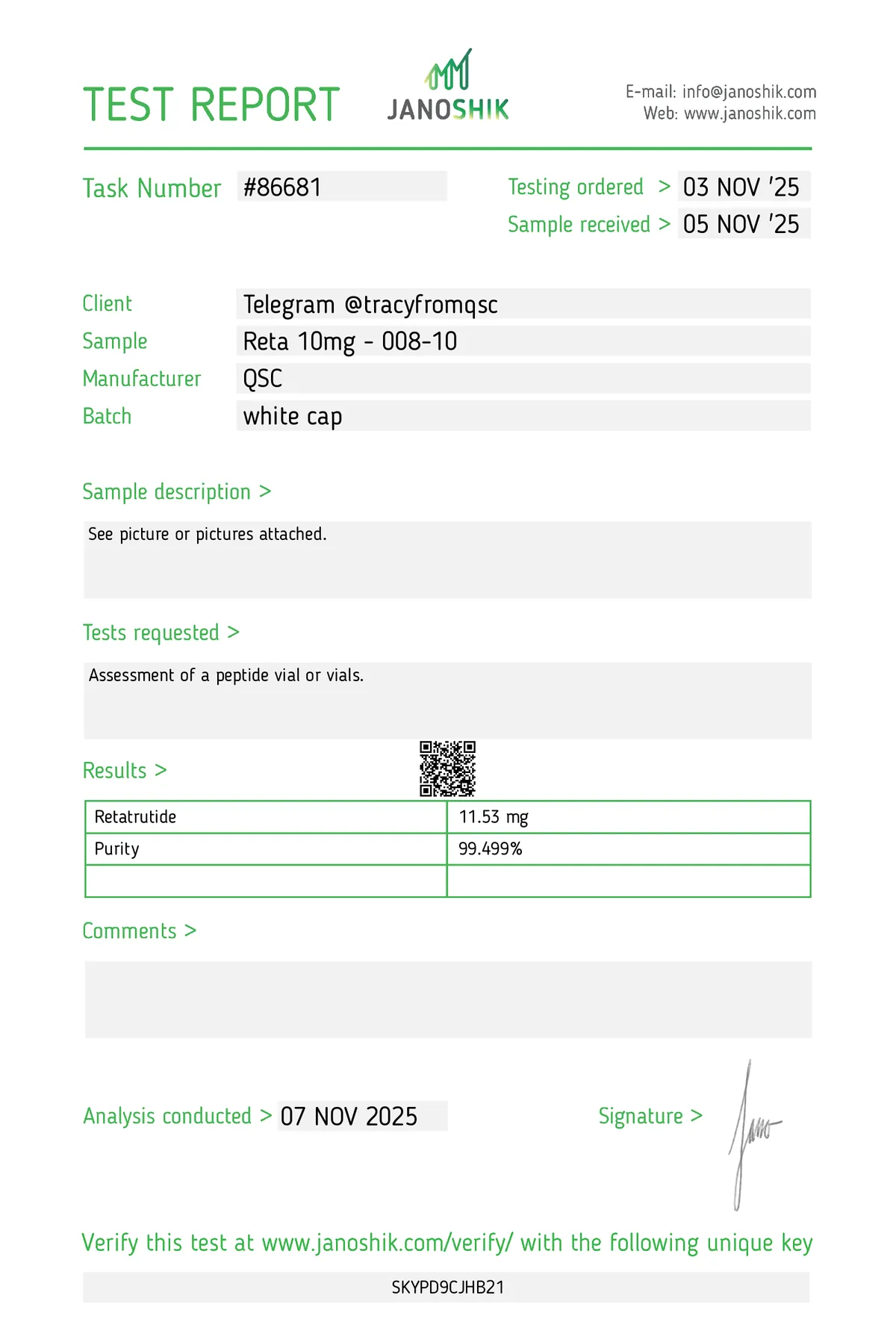 Janoshik lab report #86681 for Retatrutide