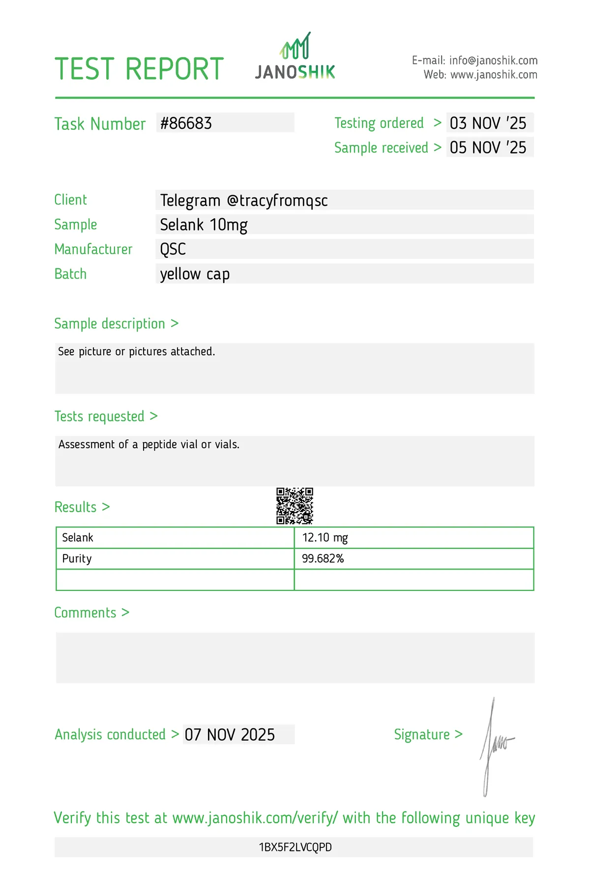 Janoshik lab report #86683 for Selank